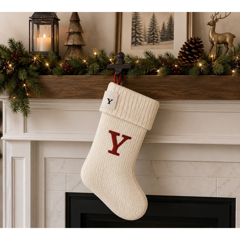 Cream Knit Christmas Stocking Red Letter Y Monogram Personalized Holiday Décor
